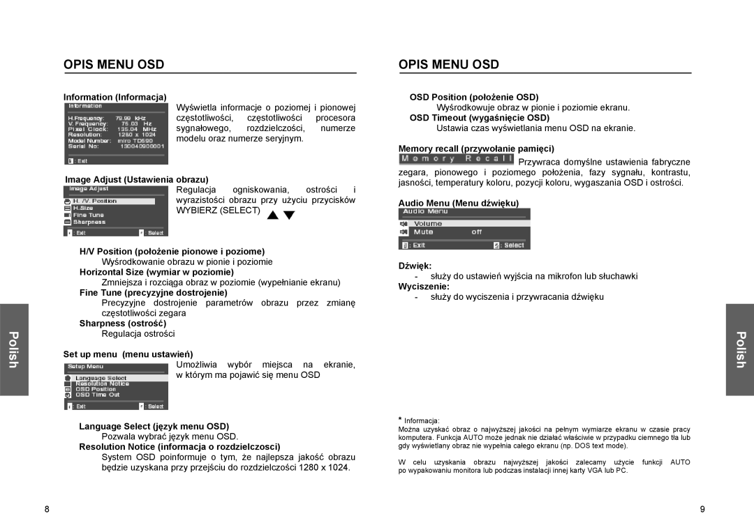 Miro Displays TD570 manual Information Informacja, Image Adjust Ustawienia obrazu, Position położenie pionowe i poziome 