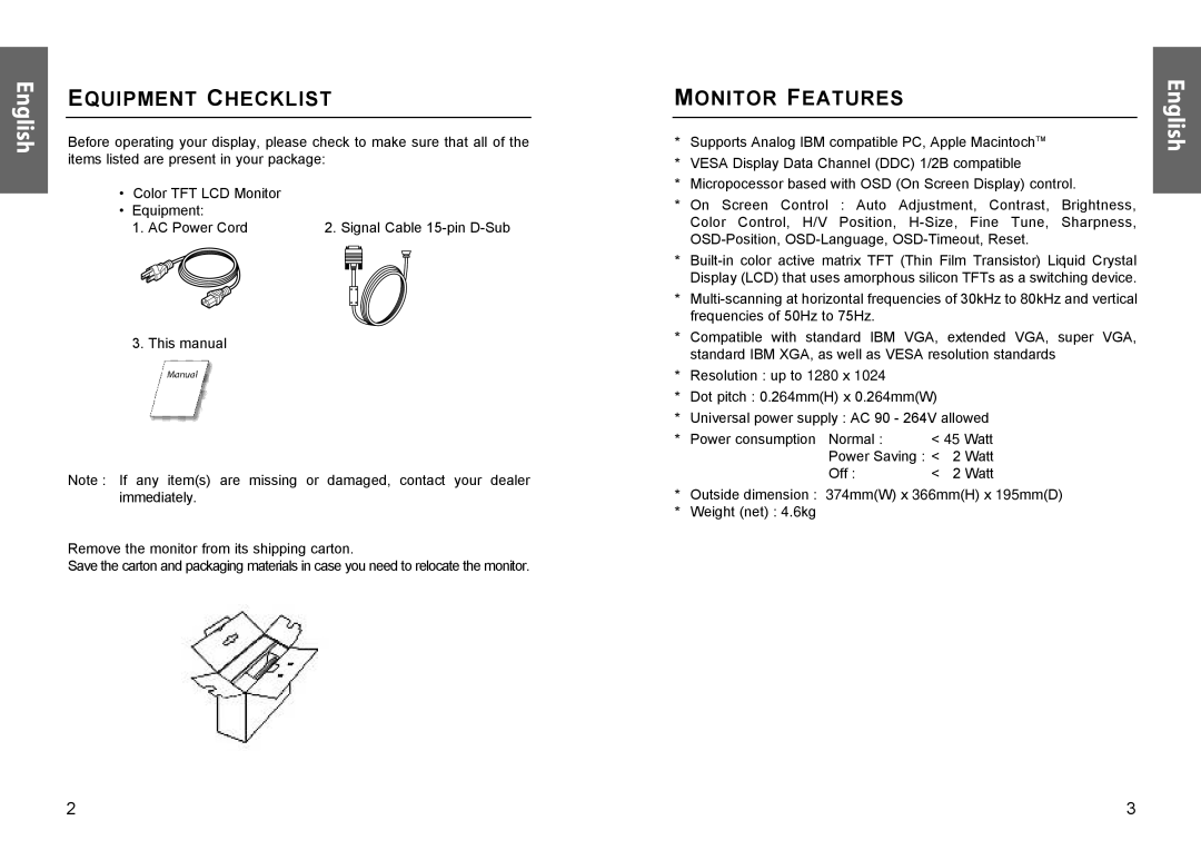 Miro Displays TD570 manual Equipment Checklist, Monitor Features 