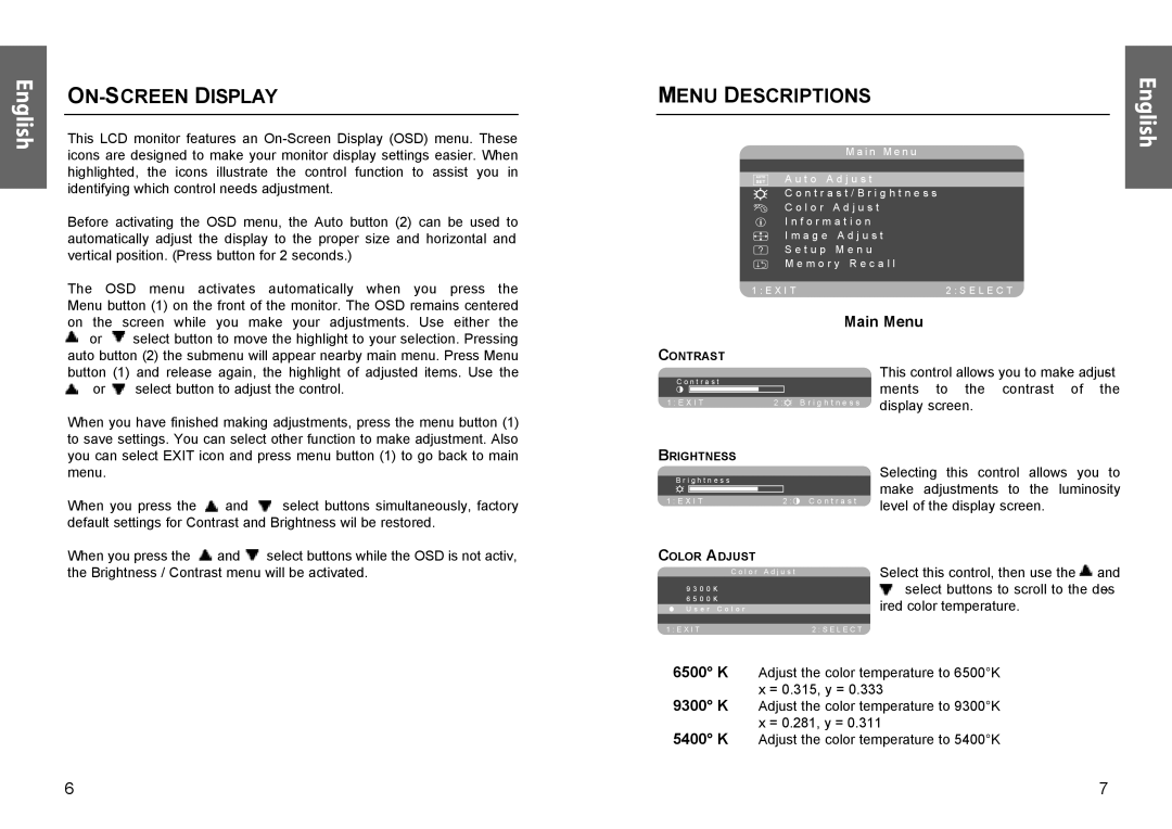 Miro Displays TD570 manual ON-SCREEN Display, Menu Descriptions 