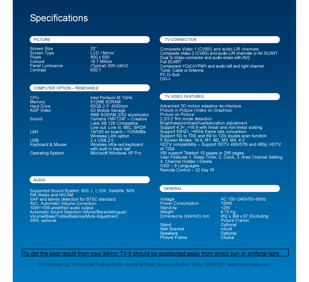 Mirror Media MM20T manual Specifications, Cpu, 512MB Sdram, Lan, Usb 