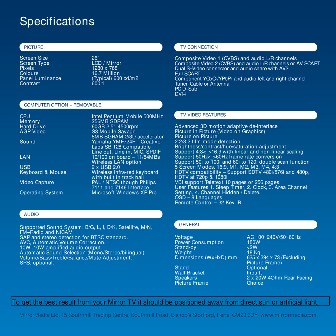 Mirror Media MM26T manual Specifications, Cpu, 256MB Sdram, Lan, Usb 