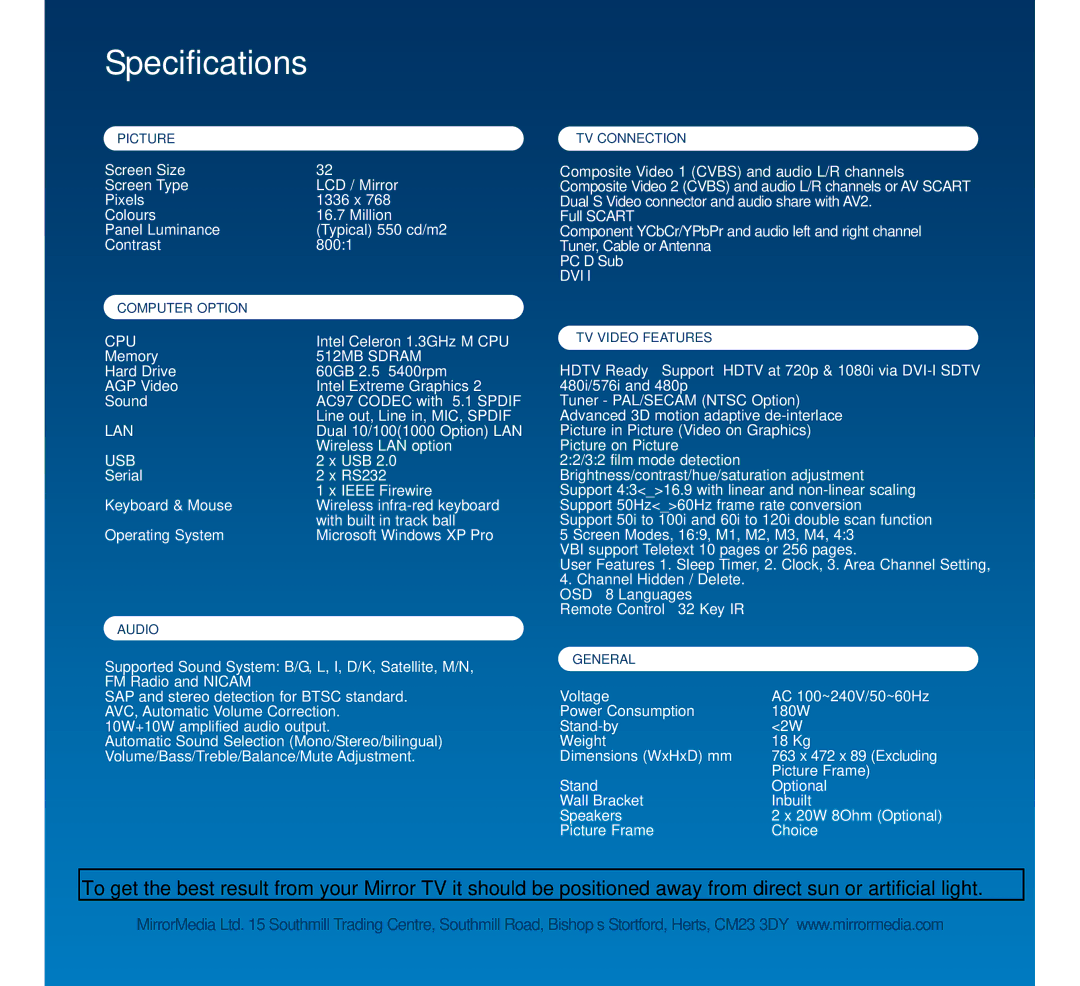 Mirror Media MM32T manual Specifications, Cpu, 512MB Sdram, Lan, Usb 