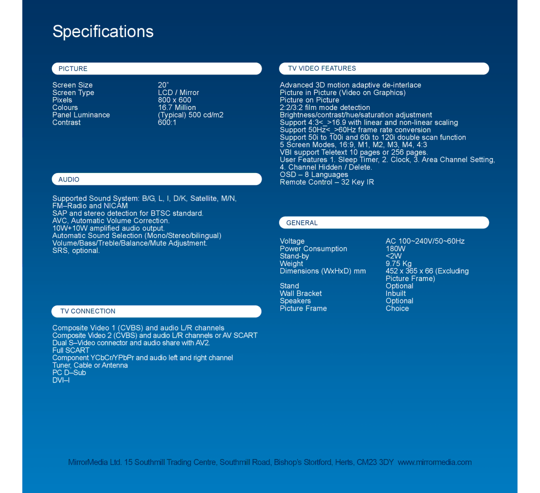 Mirror Media MT20T manual Specifications 