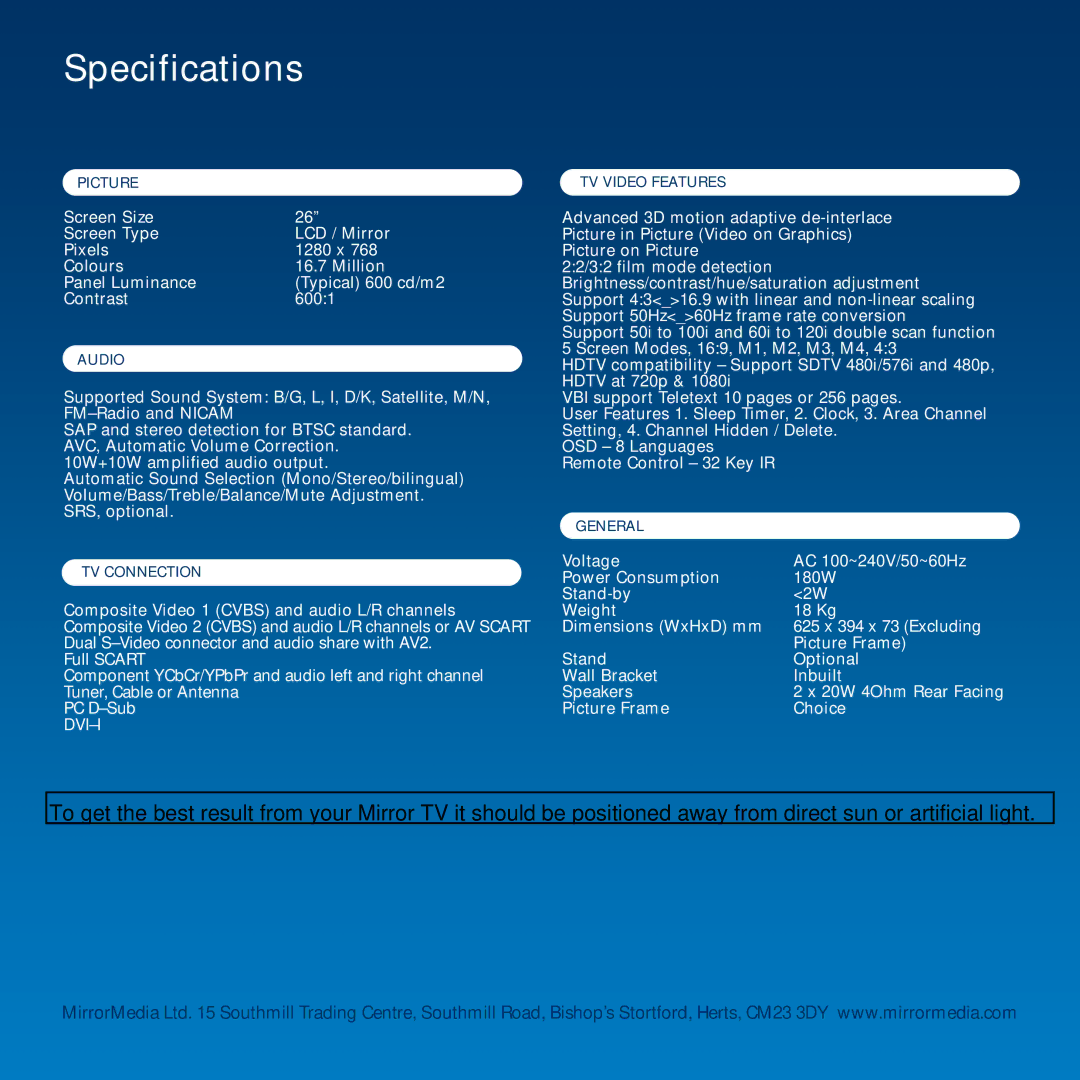 Mirror Media MT26T manual Specifications 