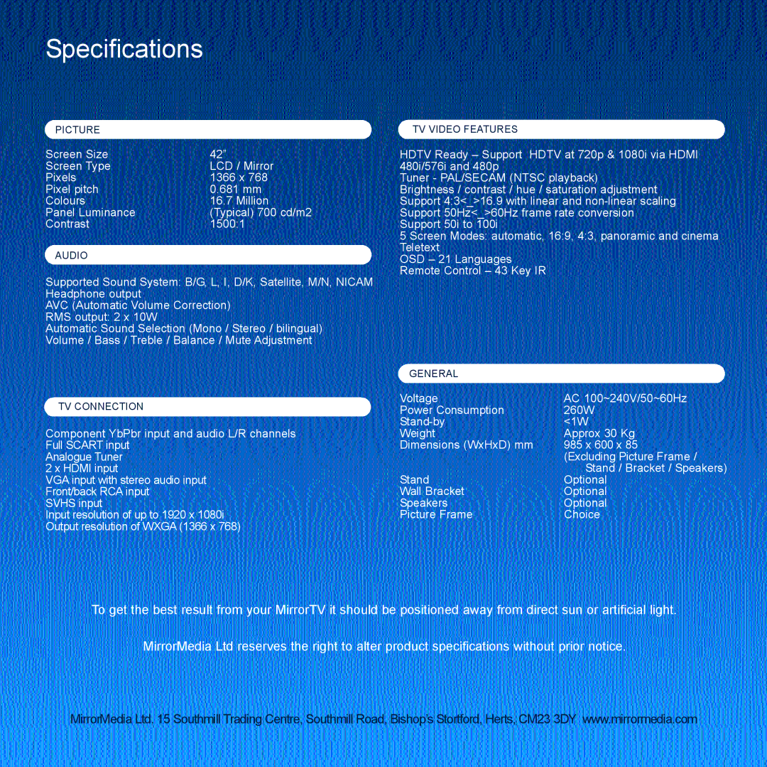 Mirror Media MT42T manual Specifications 