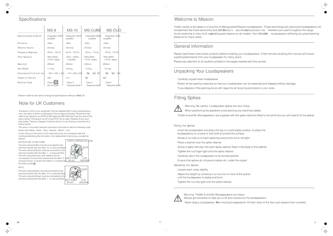 Mission MS-10, MS-DUO Specifications Welcome to Mission, General Information, Unpacking Your Loudspeakers, Fitting Spikes 