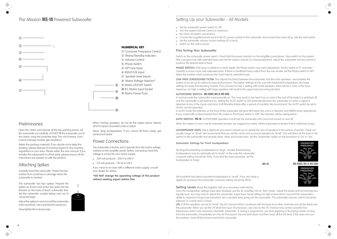 Mission MS-CUBE, MS-DUO, MS-8 manual Mission MS-10Powered Subwoofer, Attaching Spikes 