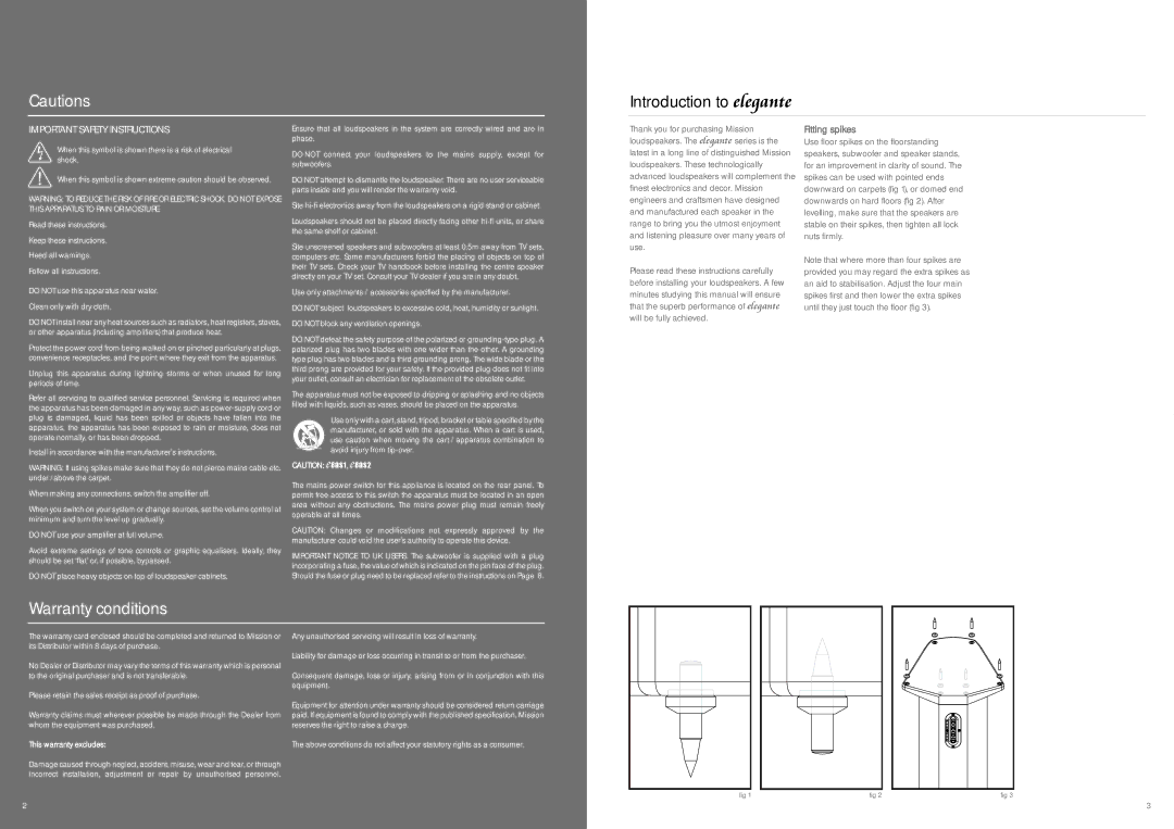 Mission PE29 6XU manual Introduction to elegante, Warranty conditions, Important Safety Instructions, Fitting spikes 