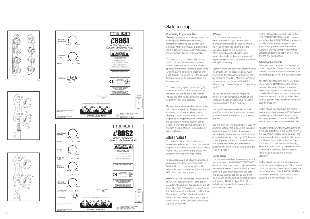 Mission PE29 6XU manual System setup, Connecting to your amplifier, AV setup, Stereo setup, Adjusting the controls 