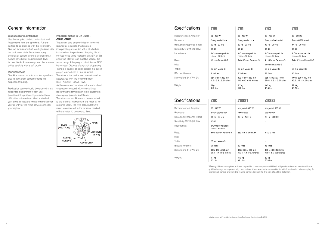 Mission PE29 6XU manual General information Specifications, Loudspeaker maintenance, Product service 