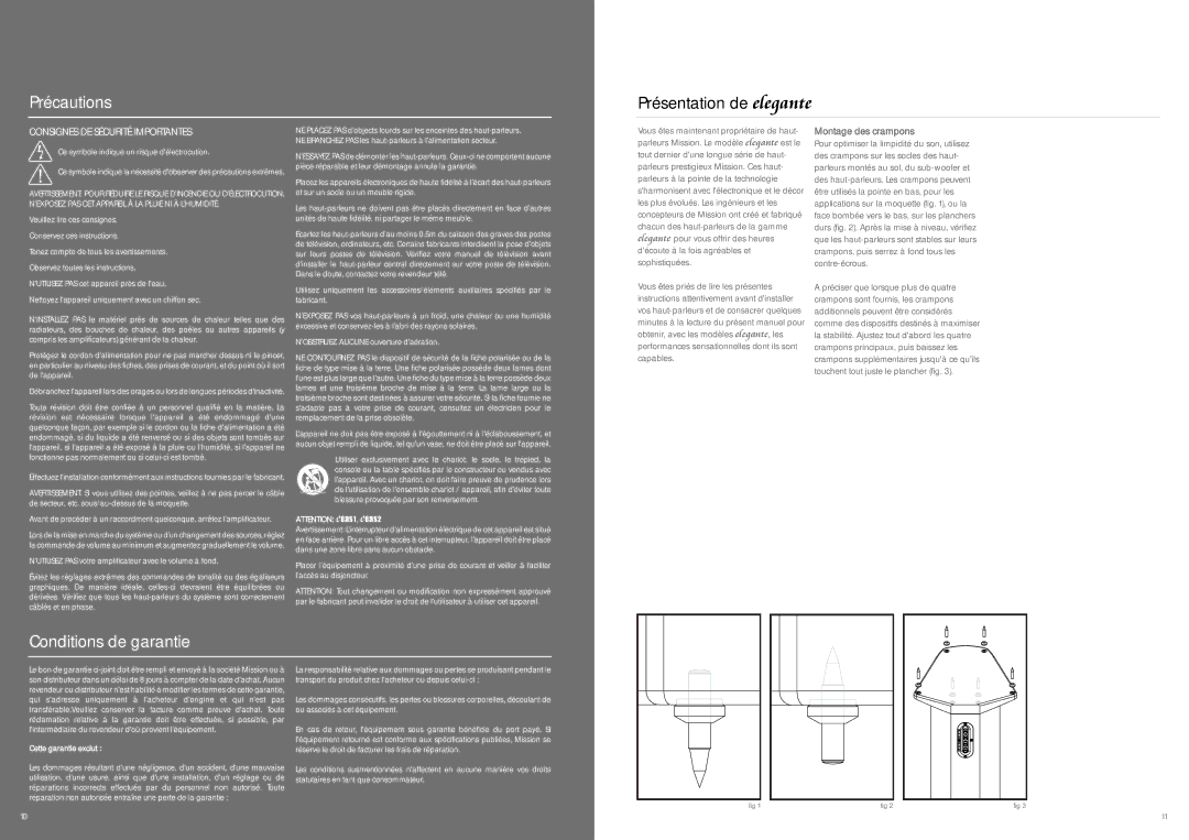 Mission PE29 6XU manual Précautions, Présentation de elegante, Conditions de garantie, Consignes DE Sécurité Importantes 