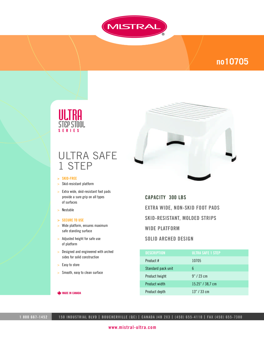 Mistral manual Ultra, ULTRA SAFE 1STEP, Step Stool, no10705, CAPACITY 300 LBS, Extra Wide, Non-Skidfoot Pads 