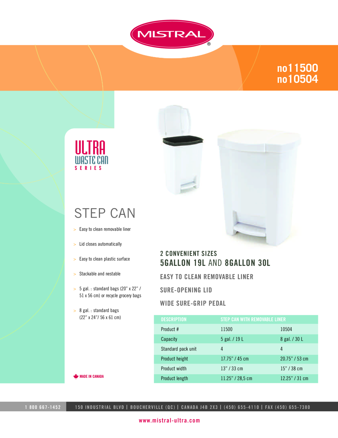 Mistral manual Ultra, Step Can, Waste Can, no11500 no10504, 5GALLON 19L AND 8GALLON 30L, Convenient Sizes, S E R I E S 