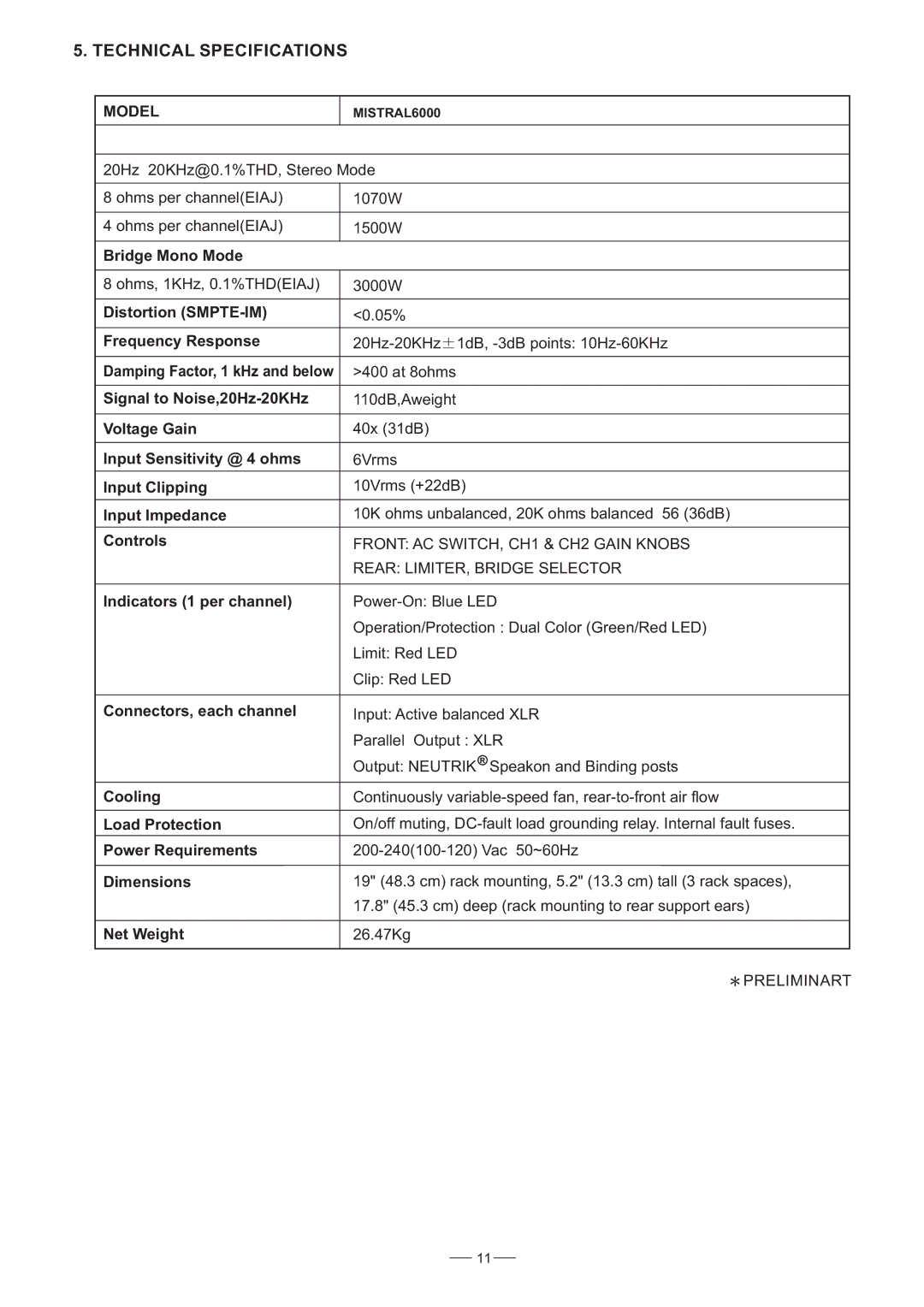 Mistral 6000 user manual Technical Specifications, Model, Bridge Mono Mode, Distortion SMPTE-IM Frequency Response 