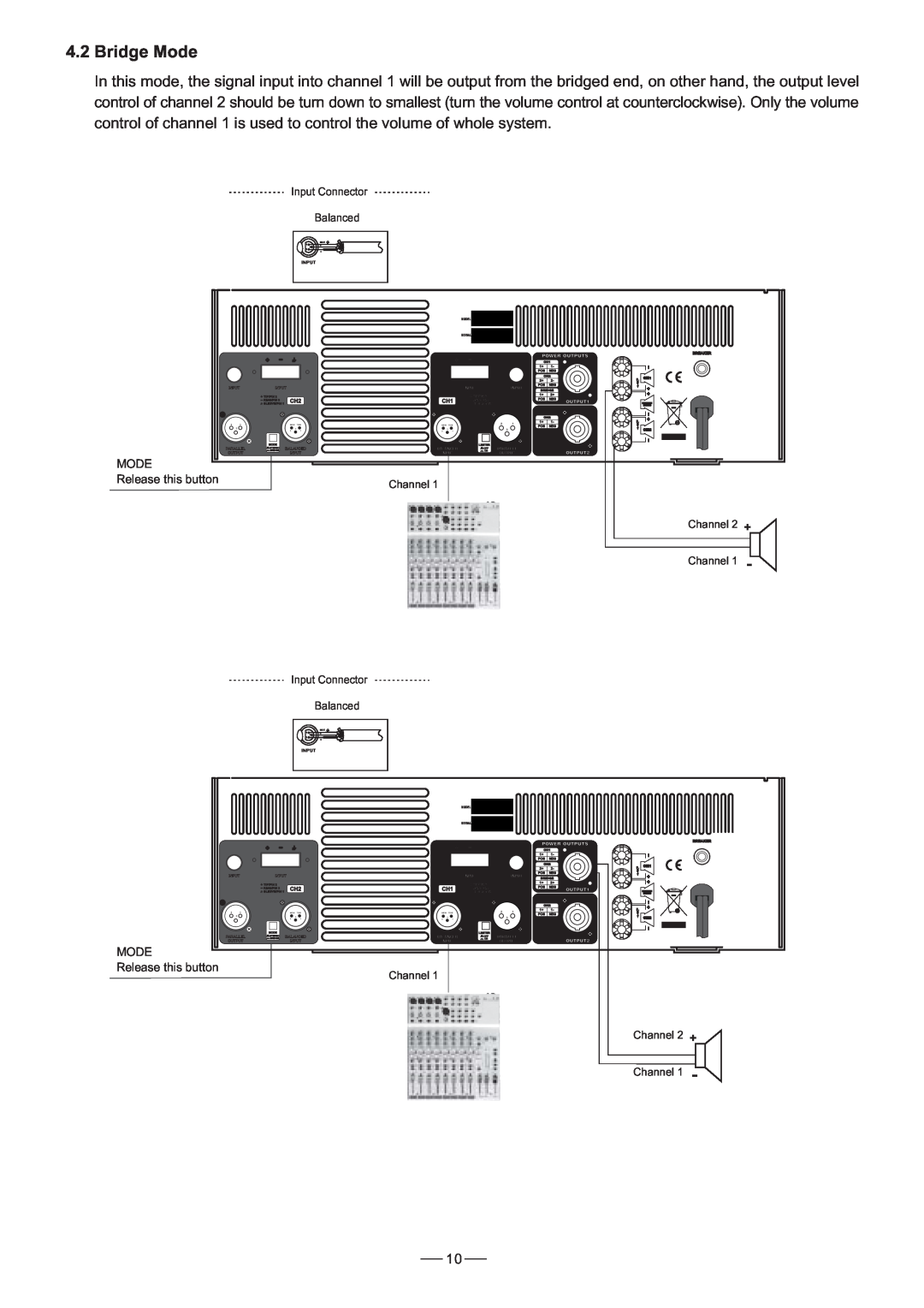 Mistral 6000 user manual 4.2Bridge Mode, MODE Release this button, Input Connector Balanced, Channel Channel 
