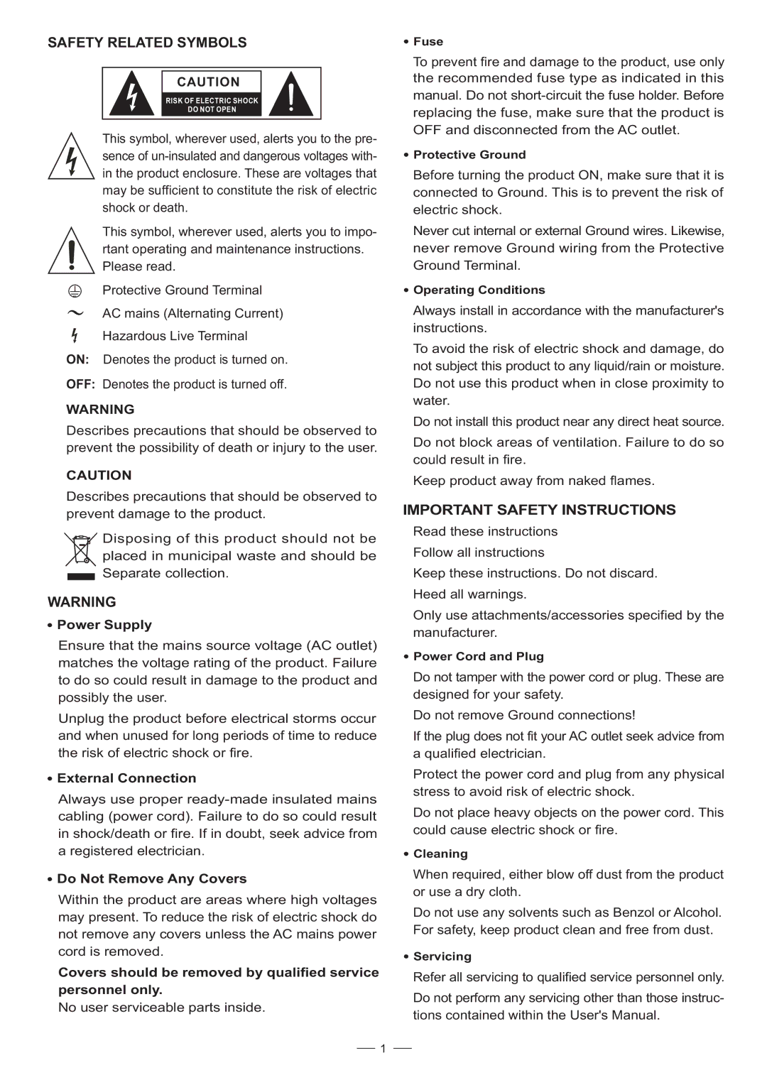 Mistral 900, 1500 user manual Safety Related Symbols, Important Safety Instructions, Power Supply, External Connection 