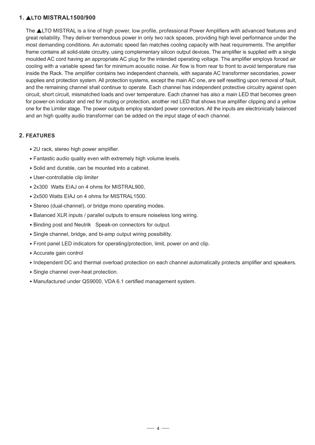 Mistral user manual LTO MISTRAL1500/900, Features 