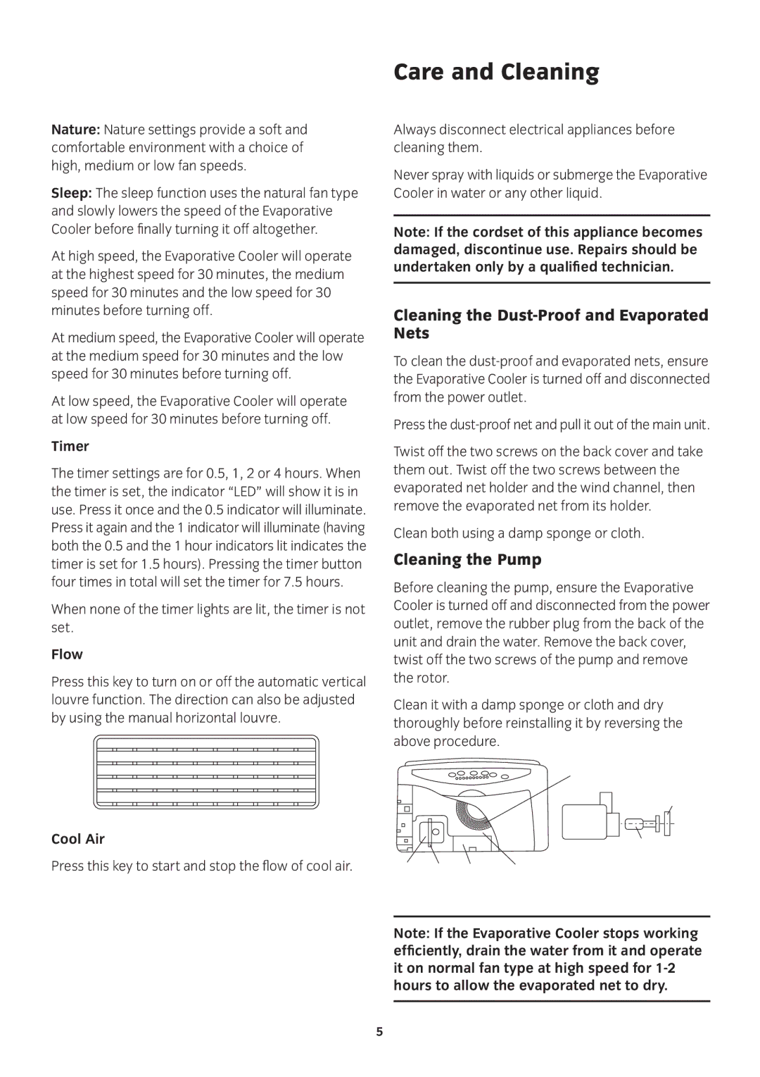 Mistral MEC1R manual Care and Cleaning, Cleaning the Dust-Proof and Evaporated Nets, Cleaning the Pump 