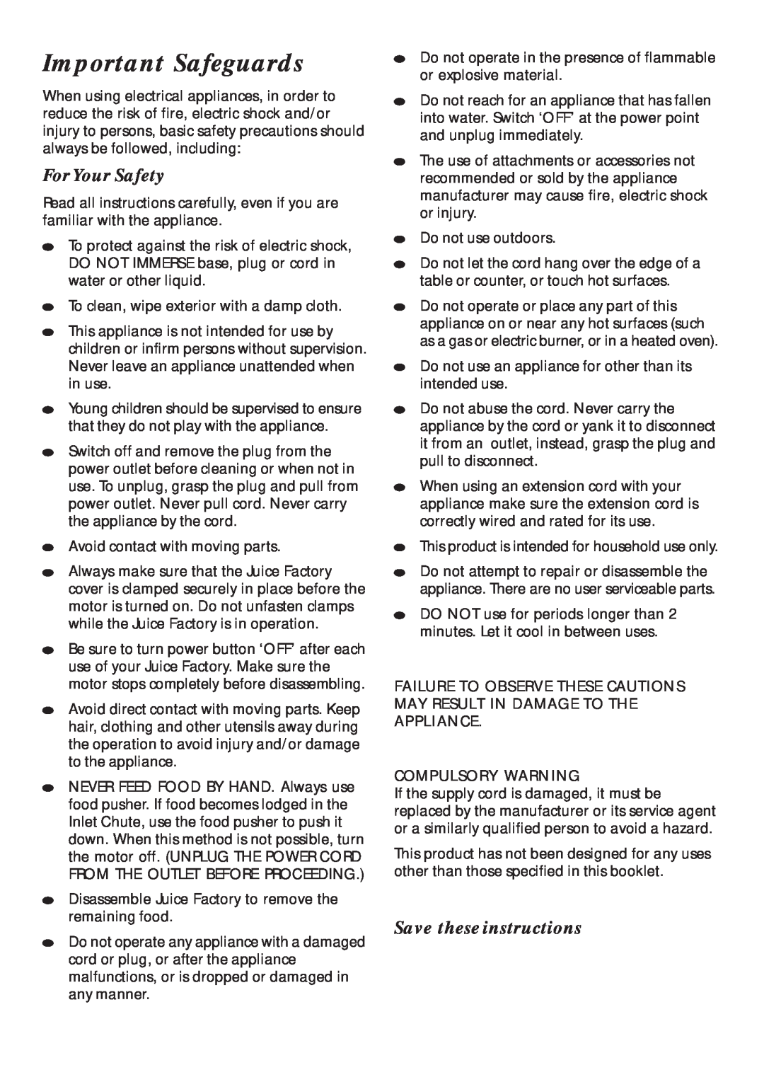 Mistral MJF50 manual Important Safeguards, For Your Safety, Save these instructions, Compulsory Warning 