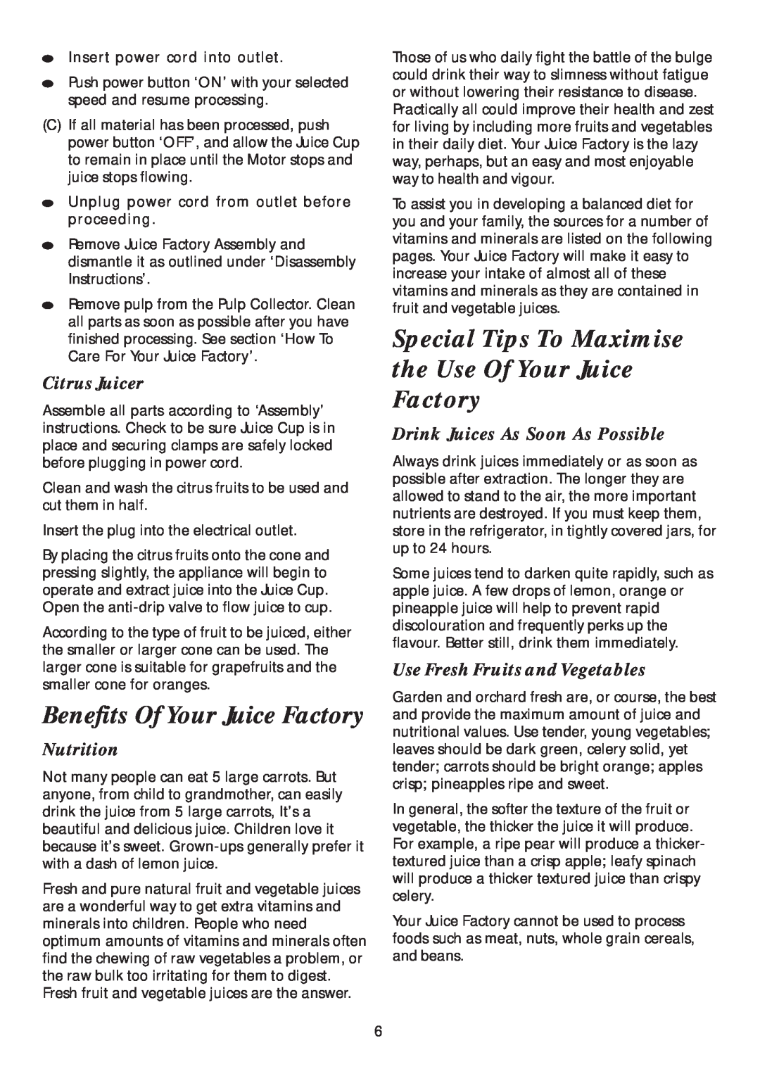 Mistral MJF50 Benefits Of Your Juice Factory, Special Tips To Maximise the Use Of Your Juice, Citrus Juicer, Nutrition 
