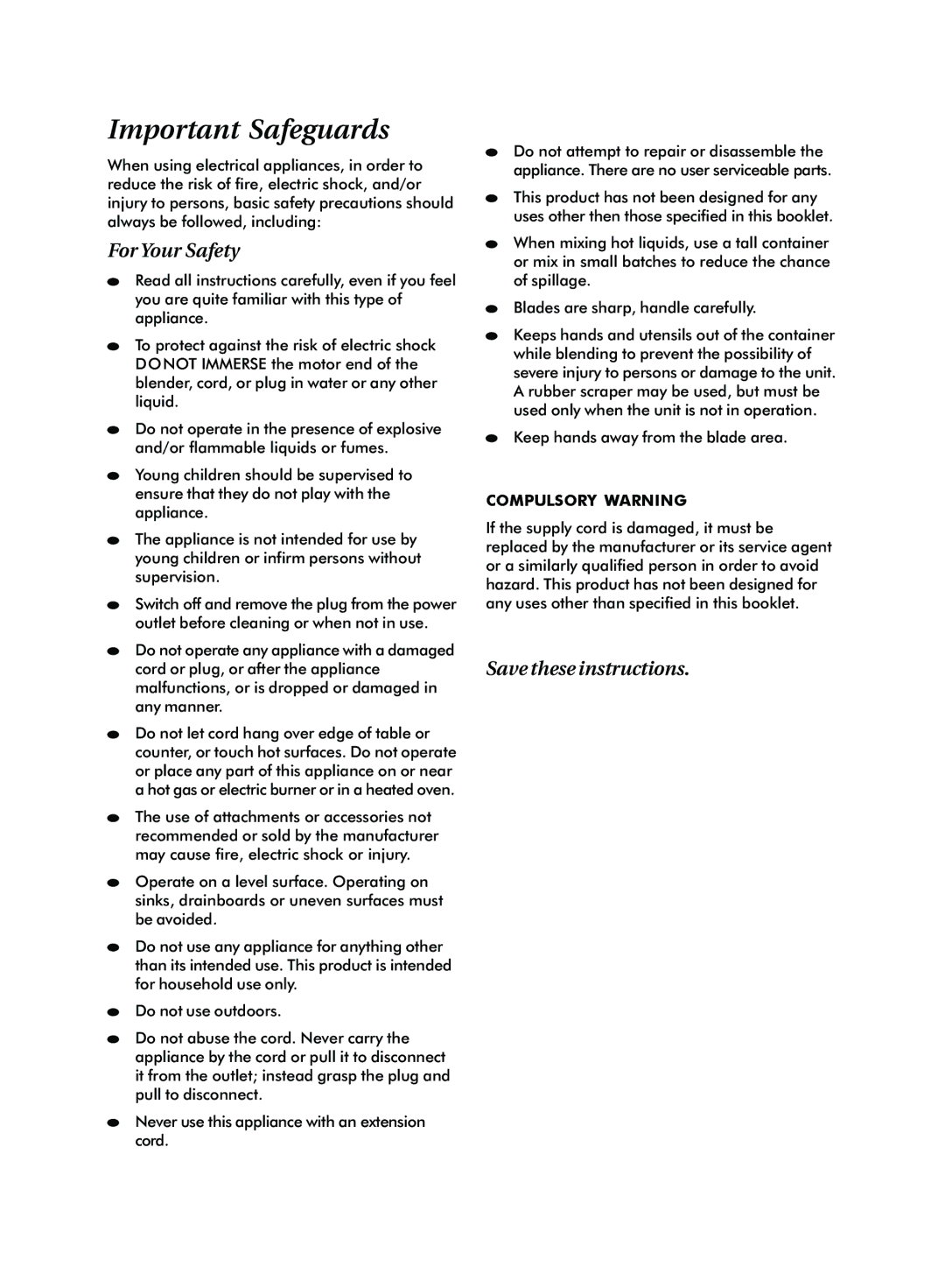 Mistral MSB70 manual Important Safeguards, Compulsory Warning 