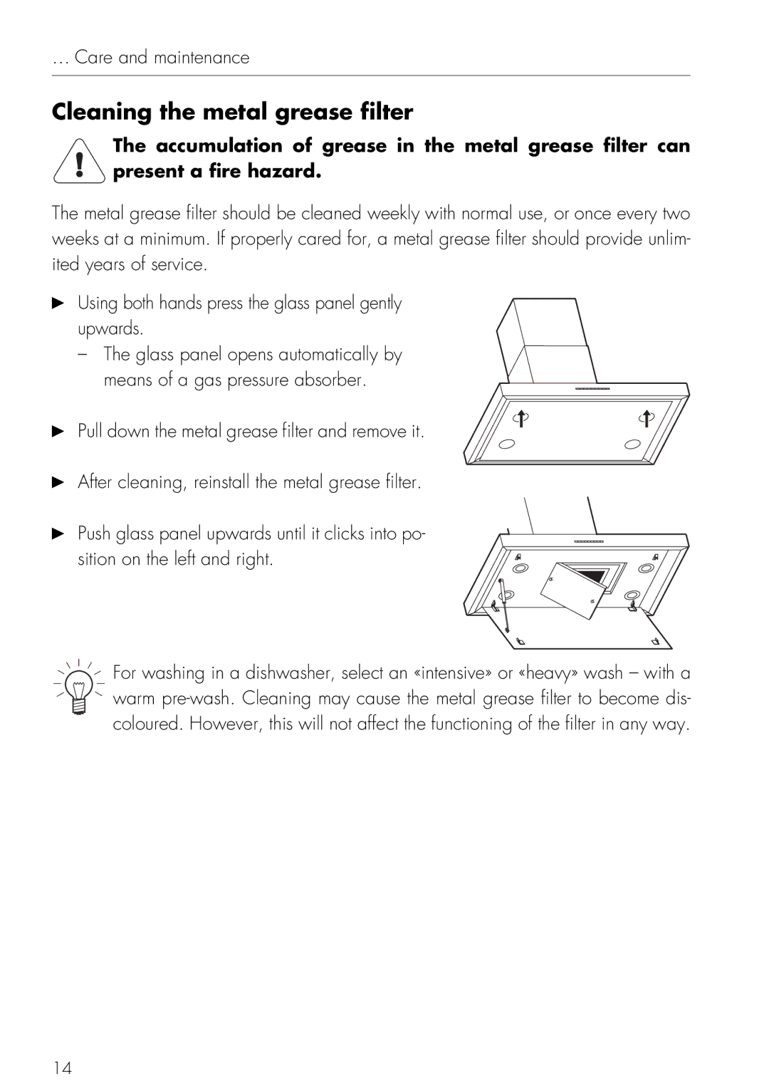 Mistral V ZUG LTD operating instructions Cleaning the metal grease filter 