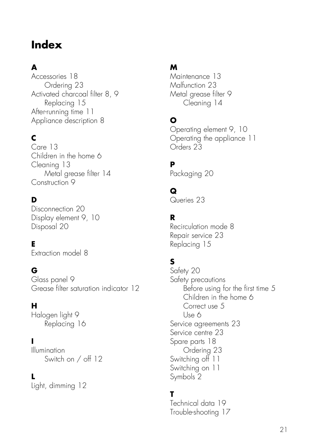 Mistral V ZUG LTD operating instructions Index 