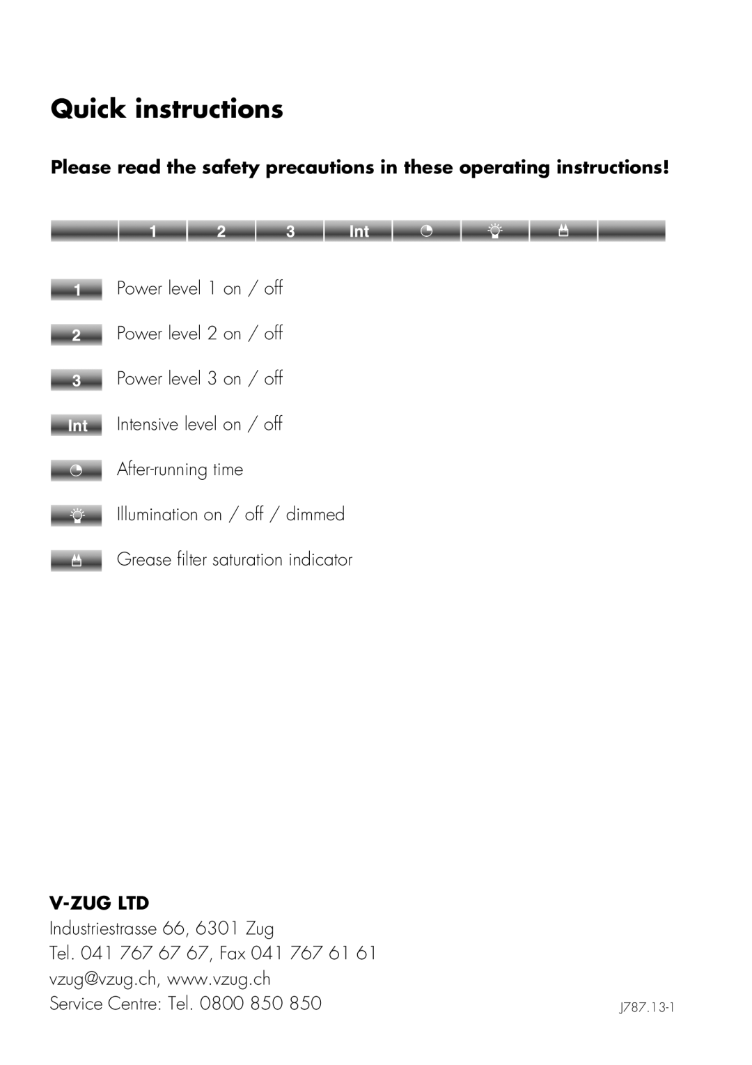 Mistral V ZUG LTD operating instructions Quick instructions, Vtd 