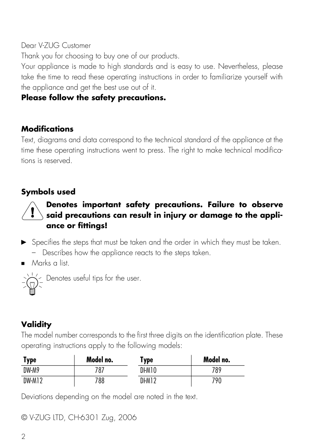 Mistral V ZUG LTD Please follow the safety precautions Modifications, Symbols used, Validity, Type, Model no 