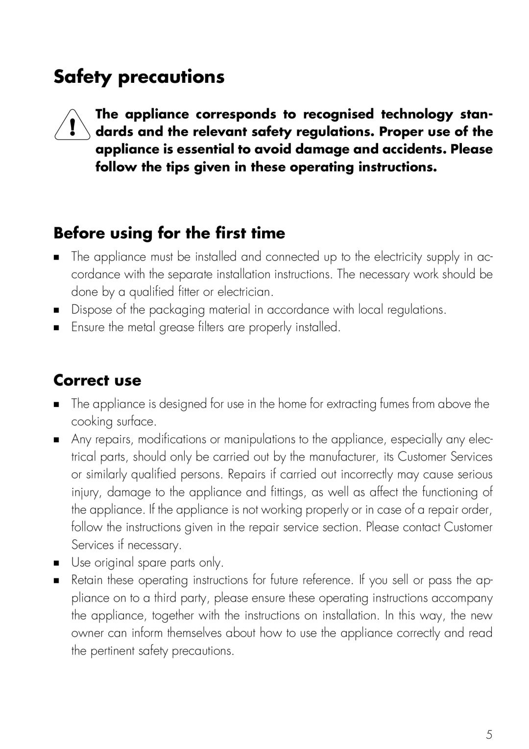Mistral V ZUG LTD operating instructions Safety precautions, Before using for the first time, Correct use 