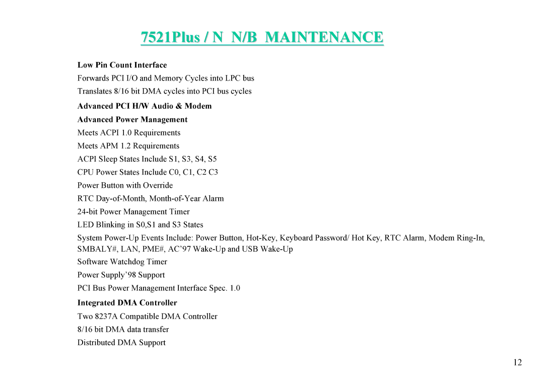 MiTAC 7521 PLUS/N service manual Low Pin Count Interface, Advanced PCI H/W Audio & Modem Advanced Power Management 