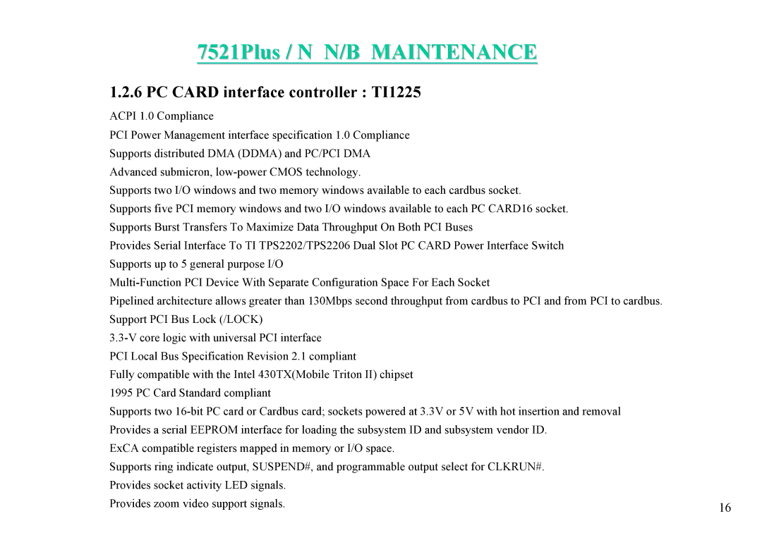 MiTAC 7521 PLUS/N service manual PC Card interface controller TI1225 