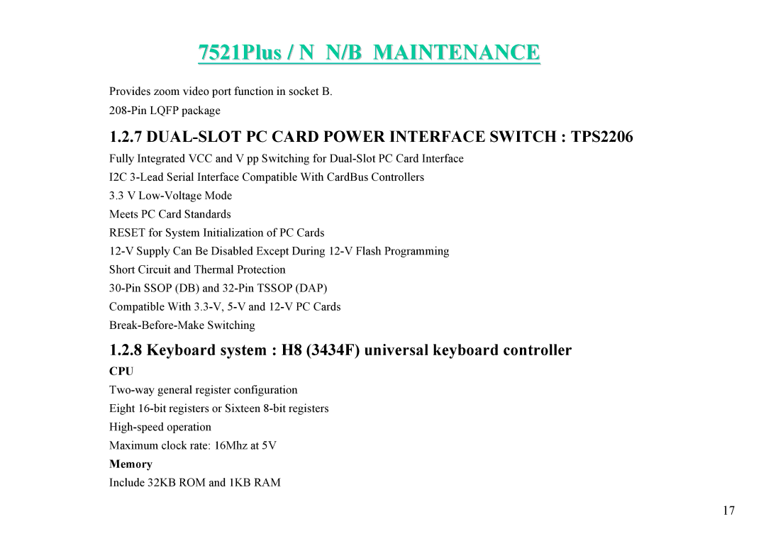 MiTAC 7521 PLUS/N service manual Keyboard system H8 3434F universal keyboard controller, Memory 