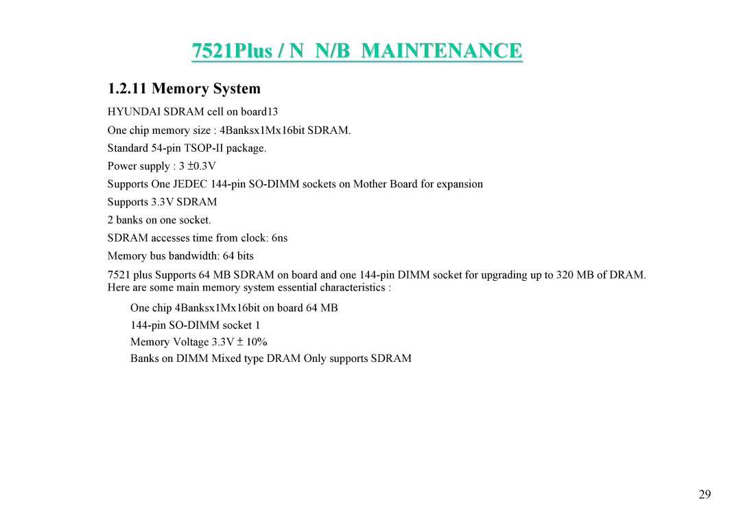 MiTAC 7521 PLUS/N service manual Memory System 