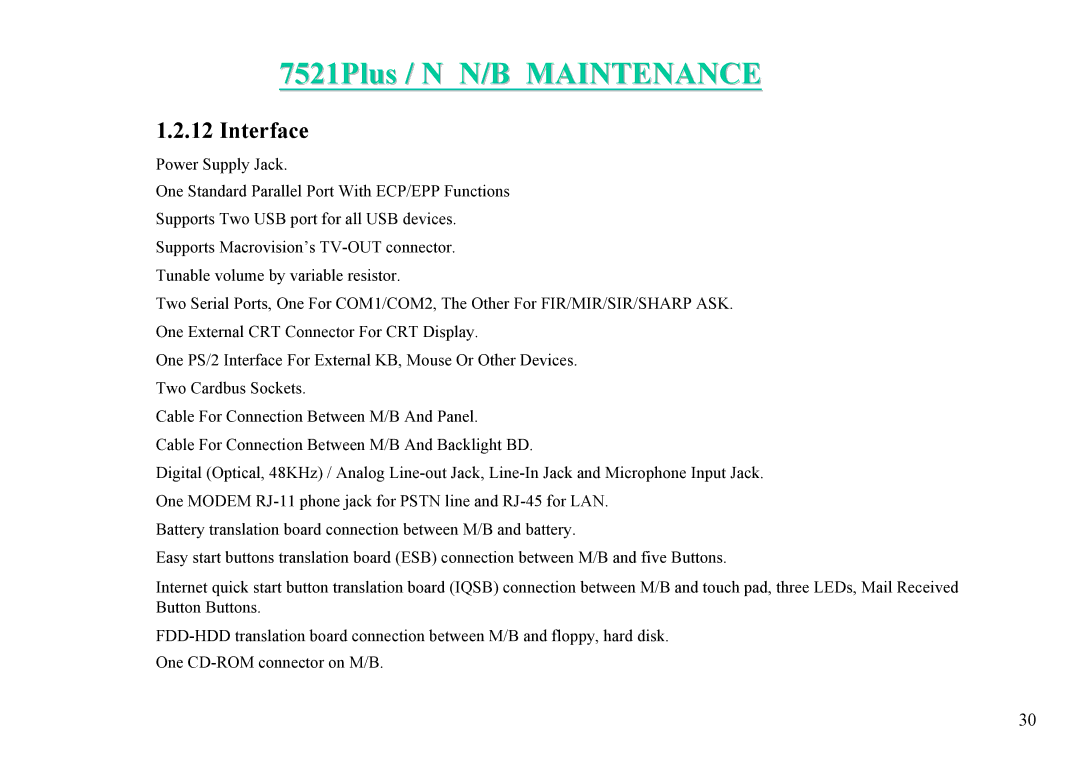 MiTAC 7521 PLUS/N service manual Interface 