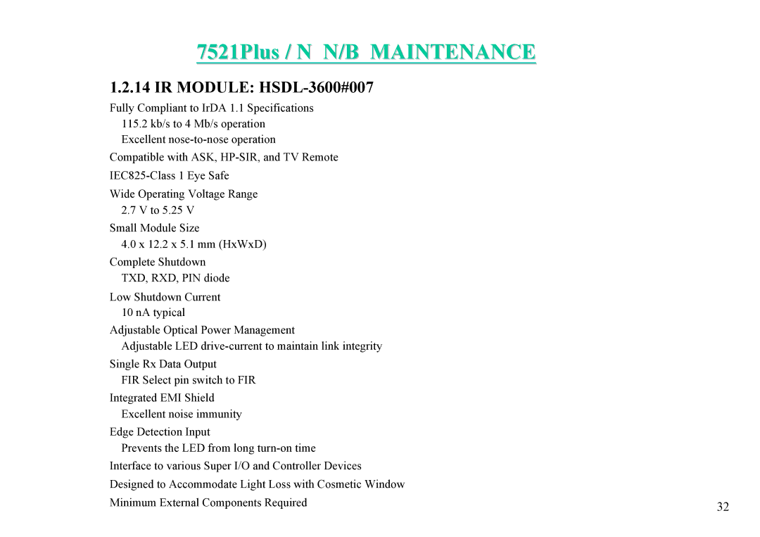 MiTAC 7521 PLUS/N service manual IR Module HSDL-3600#007 