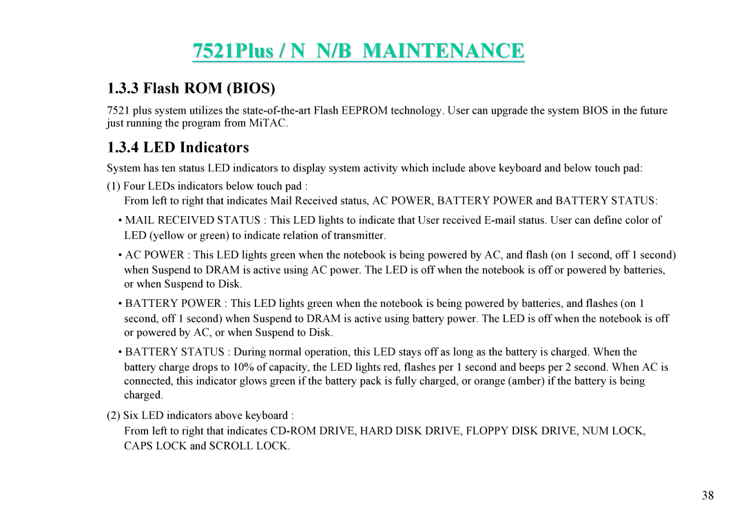 MiTAC 7521 PLUS/N service manual Flash ROM Bios, LED Indicators 