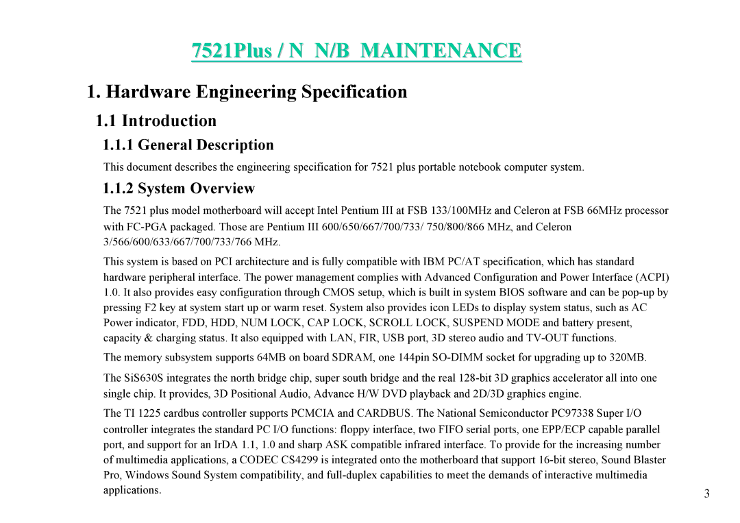 MiTAC 7521 PLUS/N service manual General Description, System Overview 