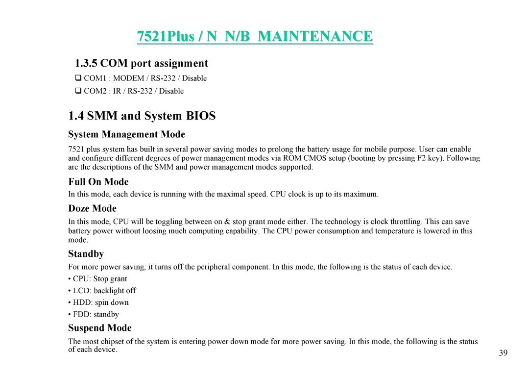 MiTAC 7521 PLUS/N service manual SMM and System Bios, COM port assignment 