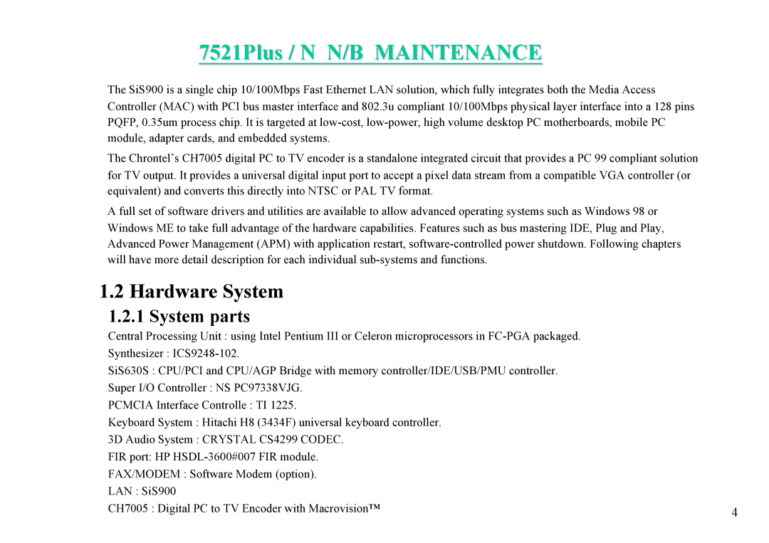 MiTAC 7521 PLUS/N service manual Hardware System 