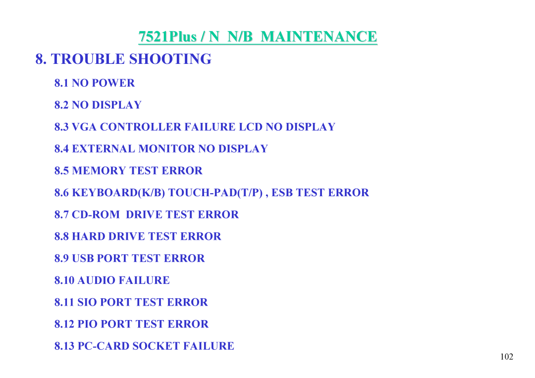 MiTAC 7521 PLUS/N service manual Trouble Shooting, NO POWER 8.2 NO DISPLAY 8.3 VGA CONTROLLER FAILURE LCD NO DISPLAY 