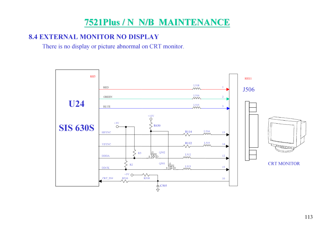 MiTAC 7521 PLUS/N U24 SIS 630S, External Monitor No Display, 7521Plus / N N/B MAINTENANCE, J506, Crt Monitor, SH11 