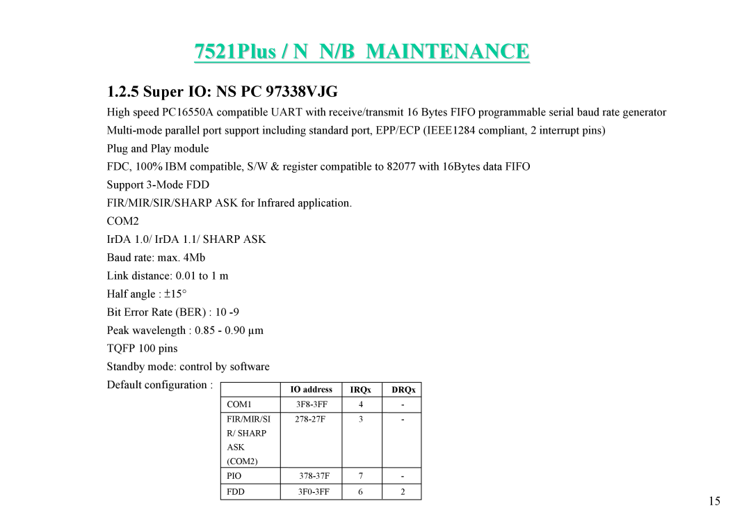 MiTAC 7521 PLUS/N service manual 7521Plus / N N/B MAINTENANCE, Super IO NS PC 97338VJG 