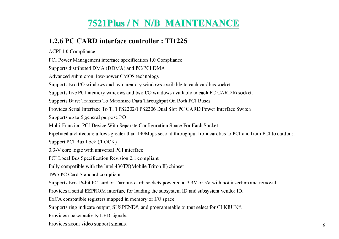 MiTAC 7521 PLUS/N service manual 7521Plus / N N/B MAINTENANCE, PC CARD interface controller TI1225 