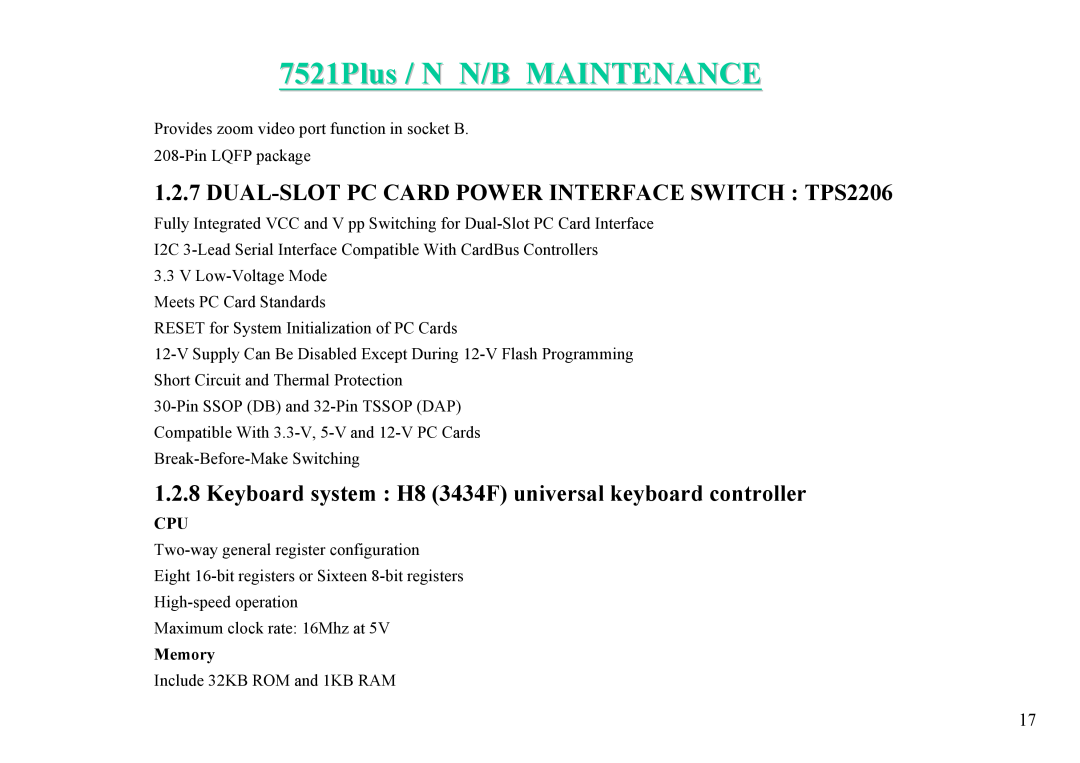 MiTAC 7521 PLUS/N service manual 7521Plus / N N/B MAINTENANCE, DUAL-SLOT PC CARD POWER INTERFACE SWITCH TPS2206, Memory 