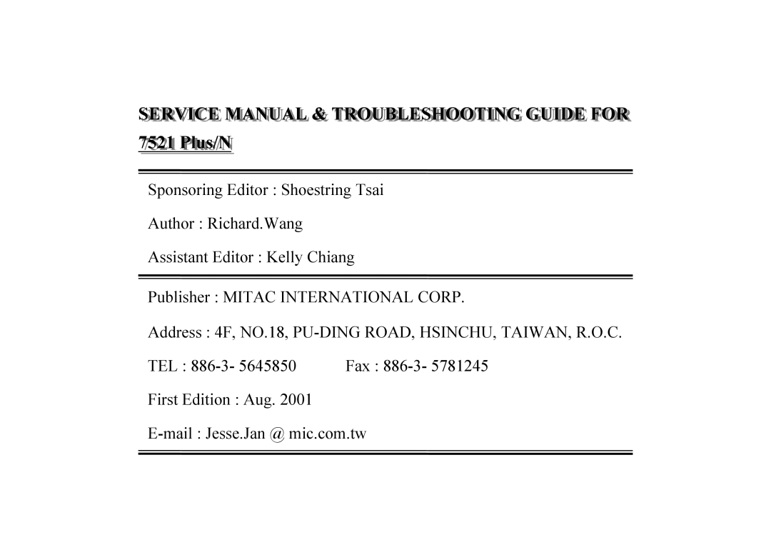 MiTAC 7521 PLUS/N service manual Service Manual & Troubleshooting Guideideideforforfor, 75217521Plulus/Ns/N 