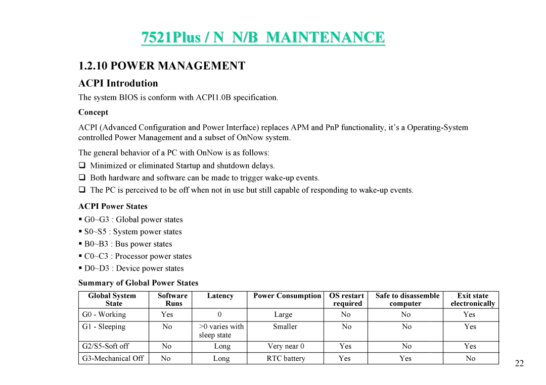 MiTAC 7521 PLUS/N 7521Plus / N N/B MAINTENANCE, Power Management, ACPI Introdution, Concept, ACPI Power States 