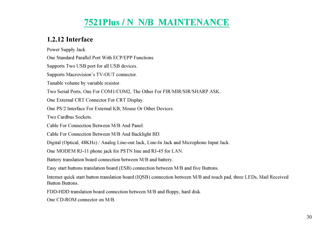 MiTAC 7521 PLUS/N service manual 7521Plus / N N/B MAINTENANCE, Interface 