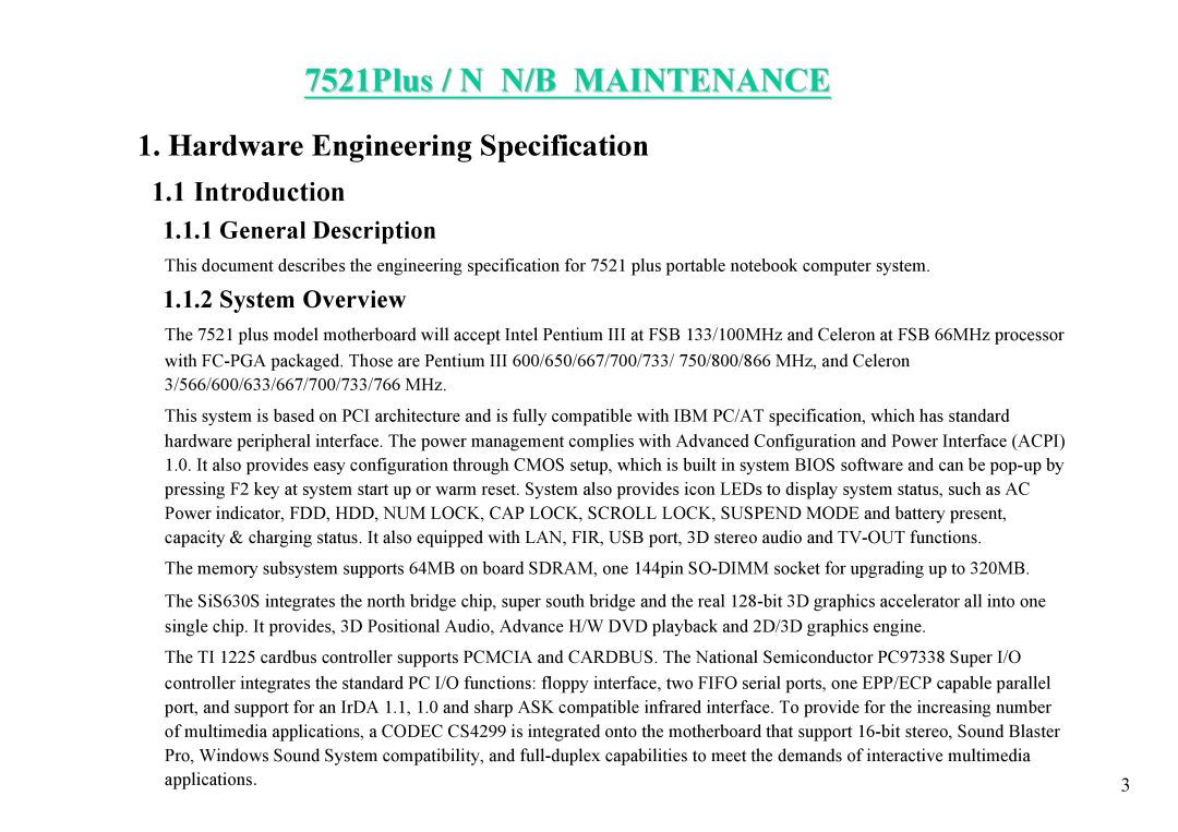 MiTAC 7521 PLUS/N service manual Hardware Engineering Specification, Introduction, 7521Plus / N N/B MAINTENANCE 