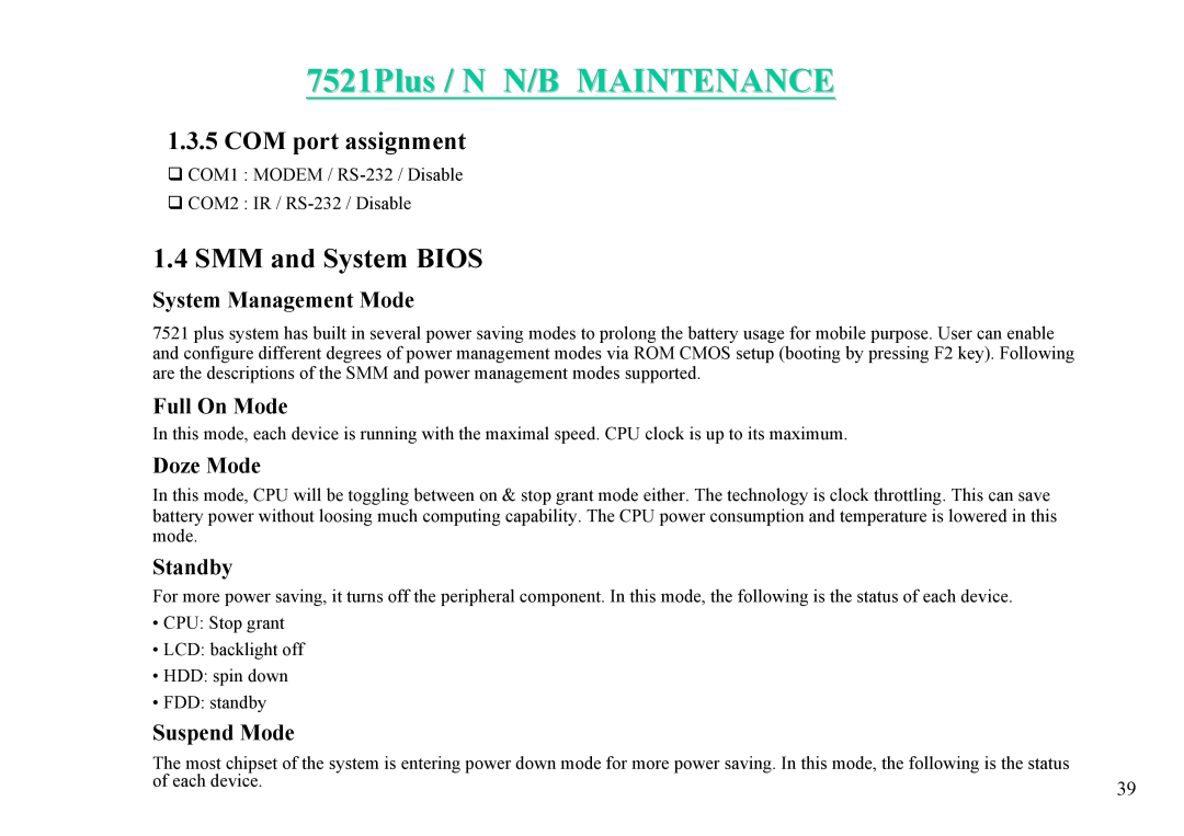 MiTAC 7521 PLUS/N service manual SMM and System BIOS, 7521Plus / N N/B MAINTENANCE, COM port assignment 